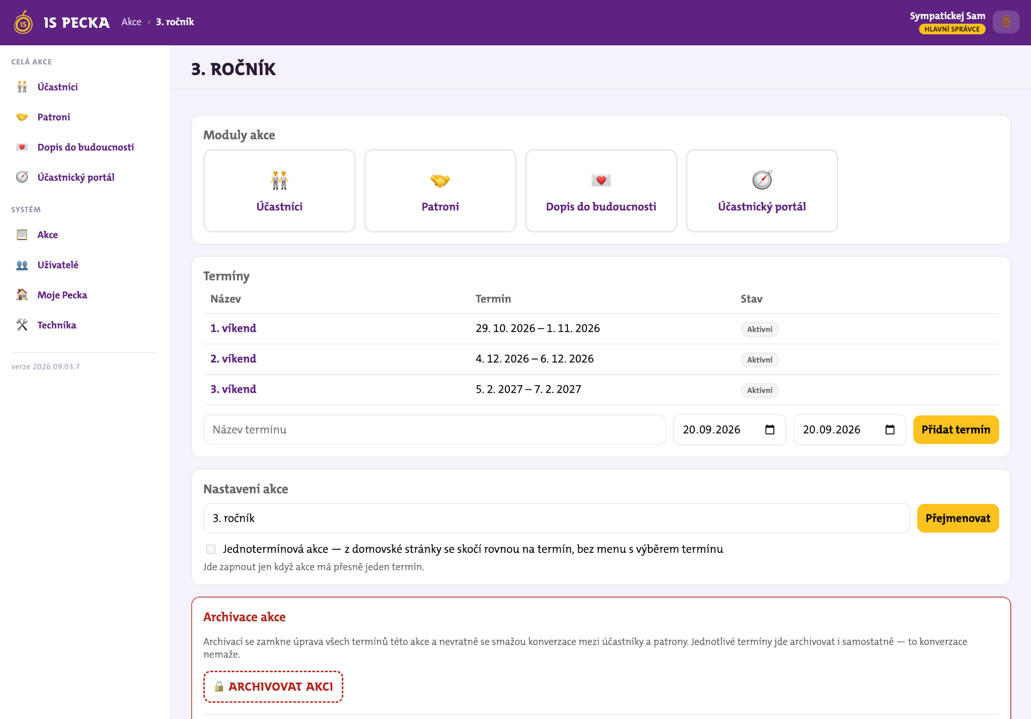 IS Pecka: přehled třetího ročníku s moduly pro vedení kurzu a termíny víkendů