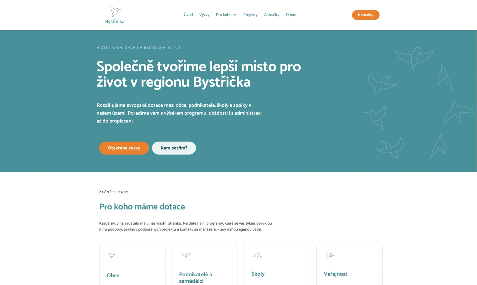 Připravovaný web MAS Bystřička: úvodní stránka a rozdělení podpory pro obce, podnikatele, školy a veřejnost