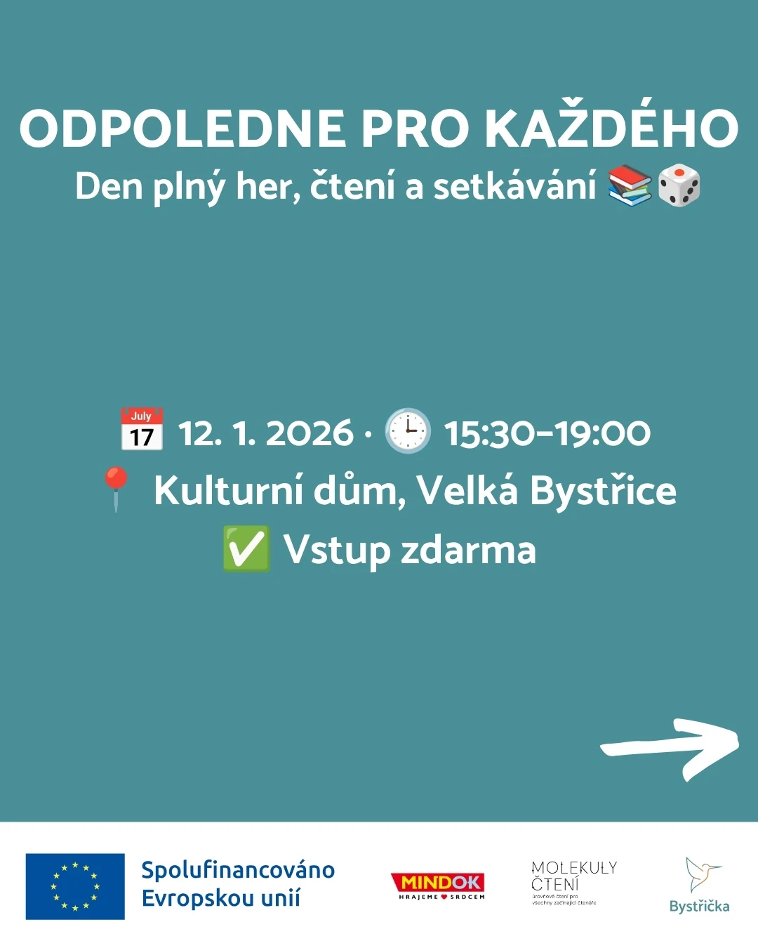 Odpoledne pro každého: pozvánka na 12. ledna 2026 do Kulturního domu ve Velké Bystřici, vstup zdarma.